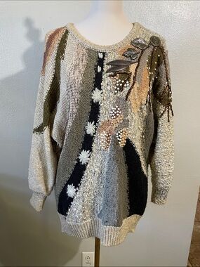 Vtg Kocal Beaded Sweater Metal Leaf Embellished Cotton Blend Artwear M Top Knit